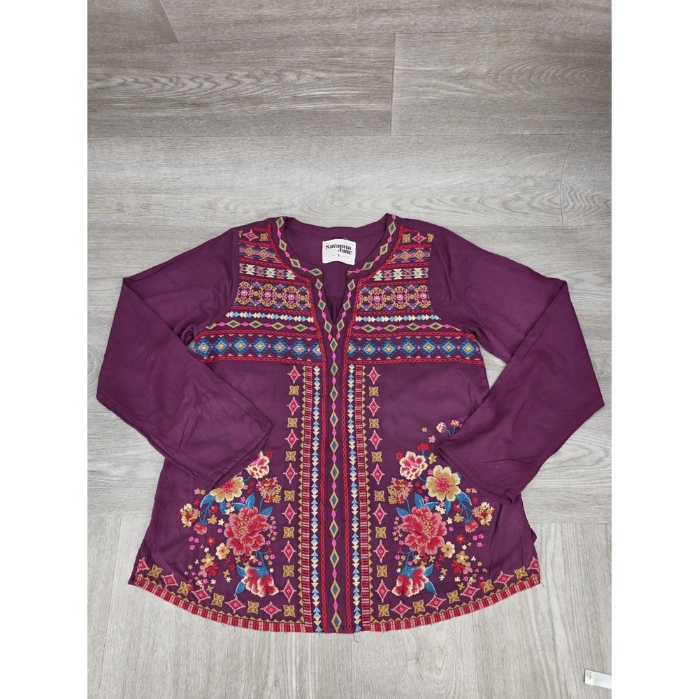 Savanna Jane Embroidered Peasant Top Women's S Burgundy Floral Boho Southwest